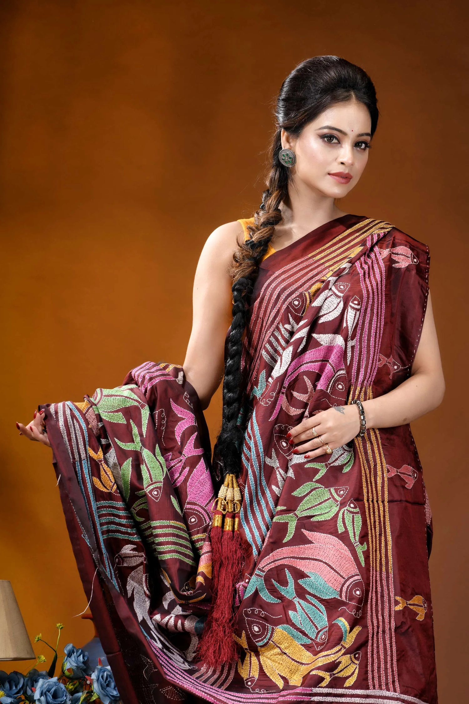 Multicolor fish design handcrafted wine silk kantha stitch saree maroon silk saree intricate hand-painted 2
