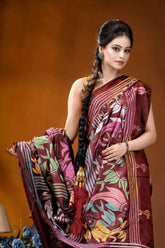 Multicolor fish design handcrafted wine silk kantha stitch saree maroon silk saree intricate hand-painted 2