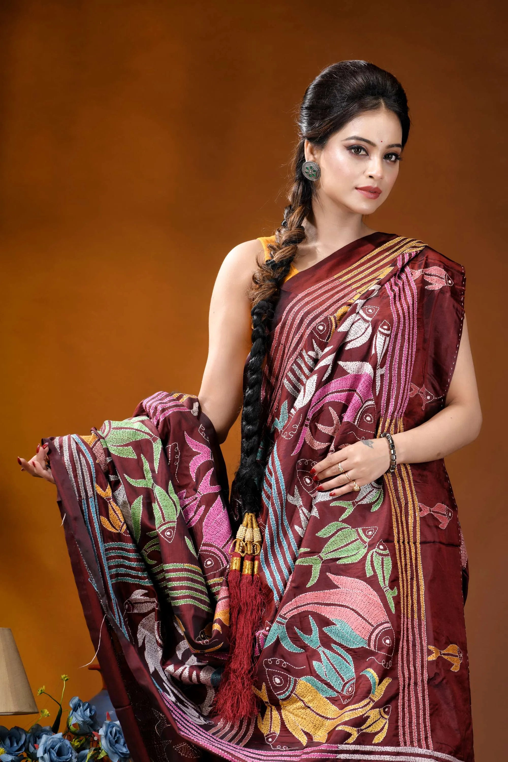 Multicolor fish design handcrafted wine silk kantha stitch saree maroon silk saree intricate hand-painted 2