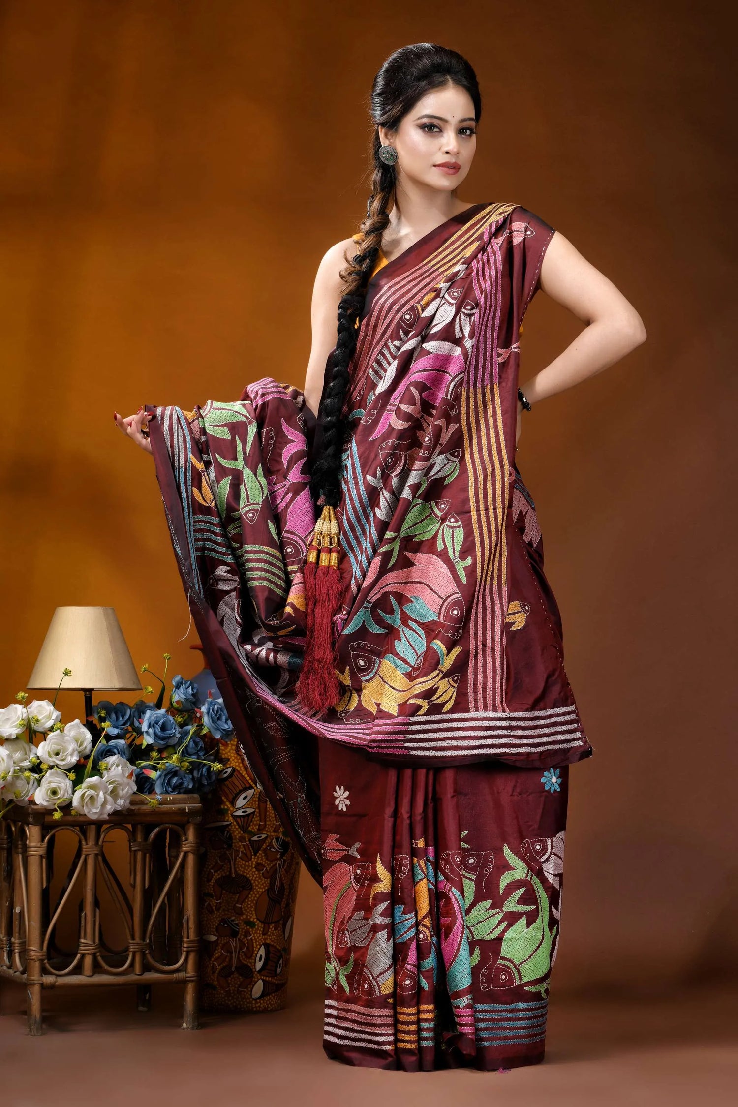 Multicolor fish design handcrafted wine silk kantha stitch saree maroon silk saree vibrant floral 5