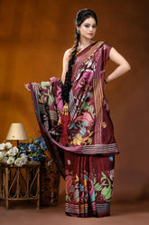 Multicolor fish design handcrafted wine silk kantha stitch saree maroon silk saree vibrant floral 5