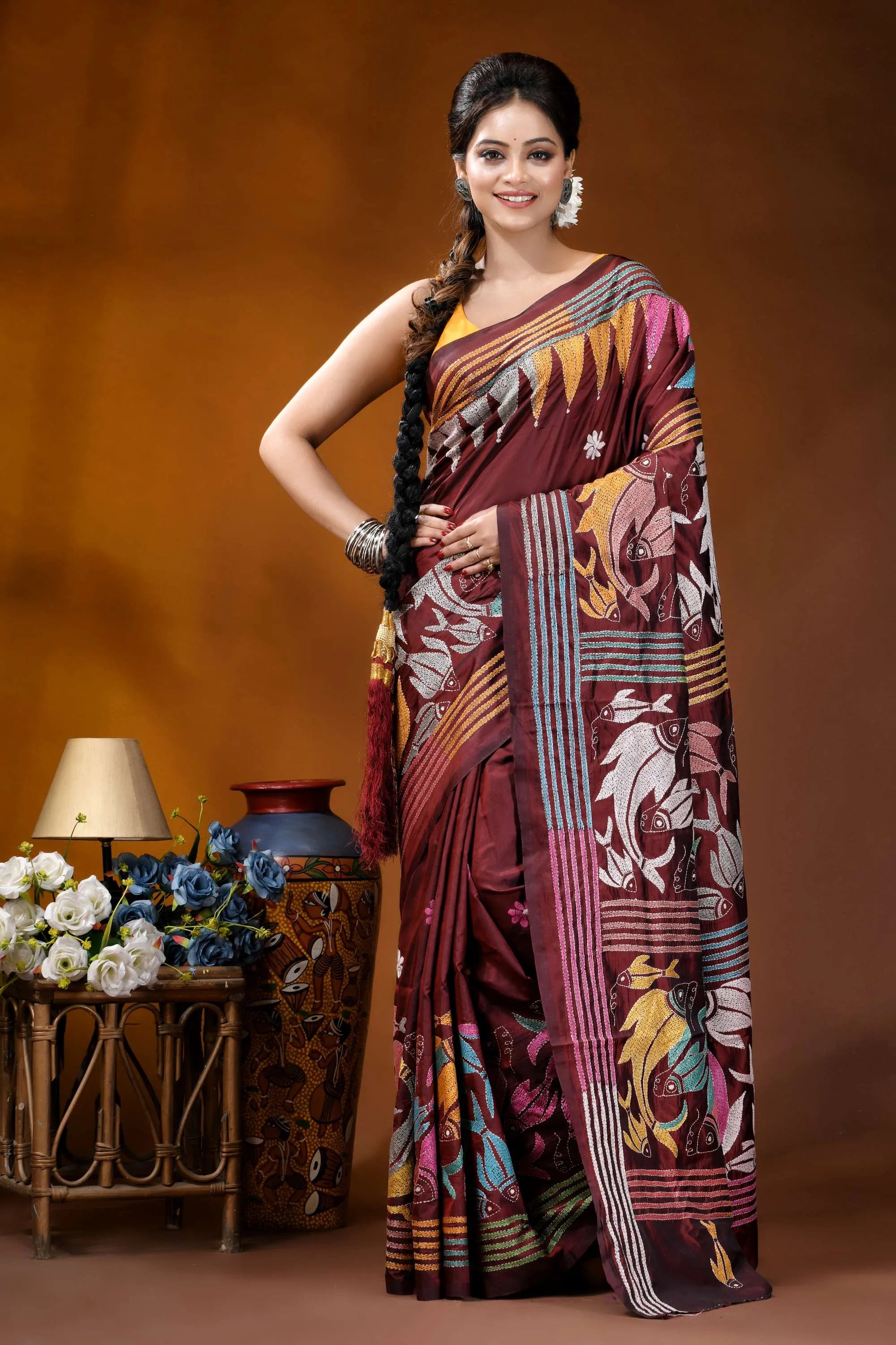 Multicolor fish design handcrafted wine silk kantha stitch saree maroon silk saree intricate floral 1