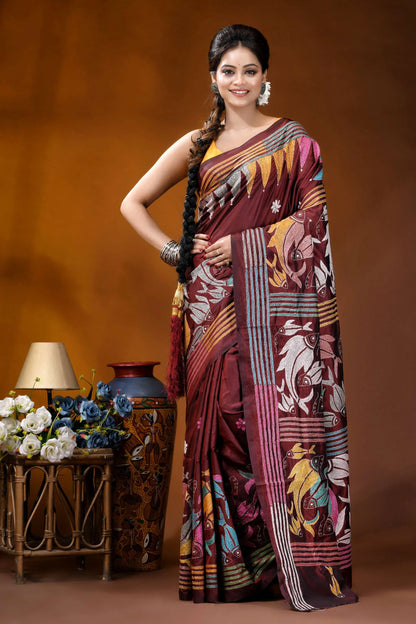 Multicolor fish design handcrafted wine silk kantha stitch saree maroon silk saree intricate floral 1