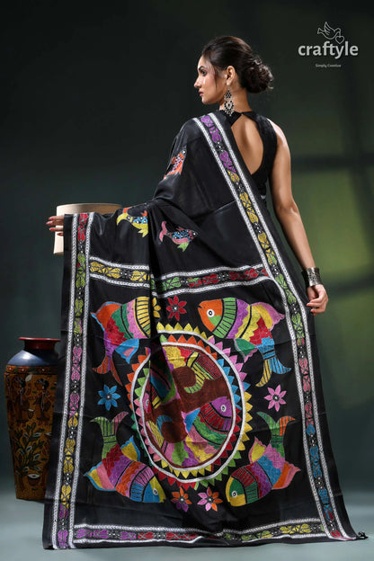 Multicolor fish motif artisanal black kantha silk saree - hand stitched black saree colorful madhubani art 5