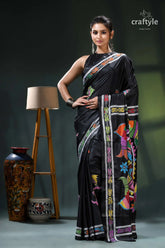 Multicolor fish motif artisanal black kantha silk saree - hand stitched black saree colorful bird floral 1
