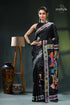 Multicolor fish motif artisanal black kantha silk saree - hand stitched black saree colorful bird floral 1