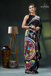 Multicolor fish motif artisanal black kantha silk saree - hand stitched black saree colorful madhubani art 4
