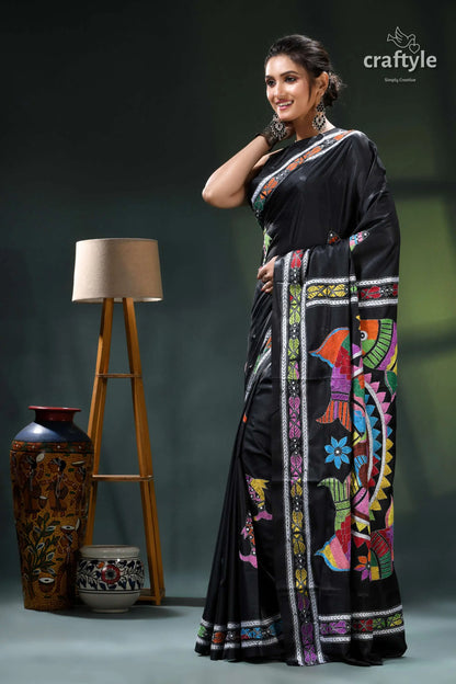 Multicolor fish motif artisanal black kantha silk saree - hand stitched black saree colorful floral bird 3