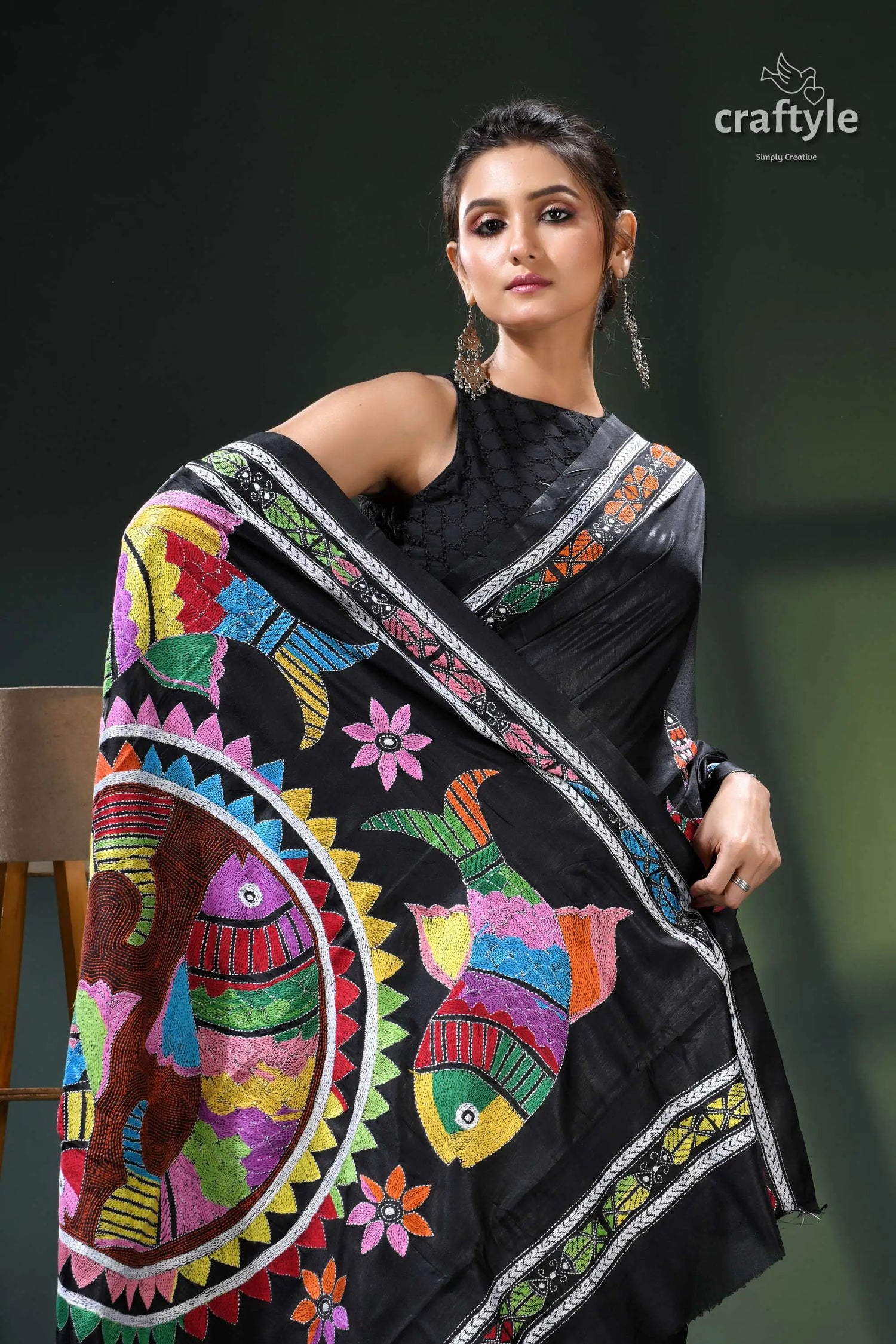 Multicolor fish motif artisanal black kantha silk saree - hand stitched black saree colorful fish elephant 2