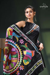 Multicolor fish motif artisanal black kantha silk saree - hand stitched black saree colorful fish elephant 2