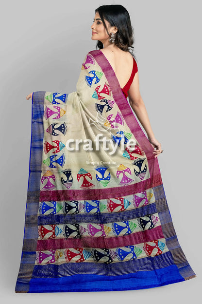 Multicolor fish motif hand block print zari border pure tussar silk saree woman colorful patterned saree 4