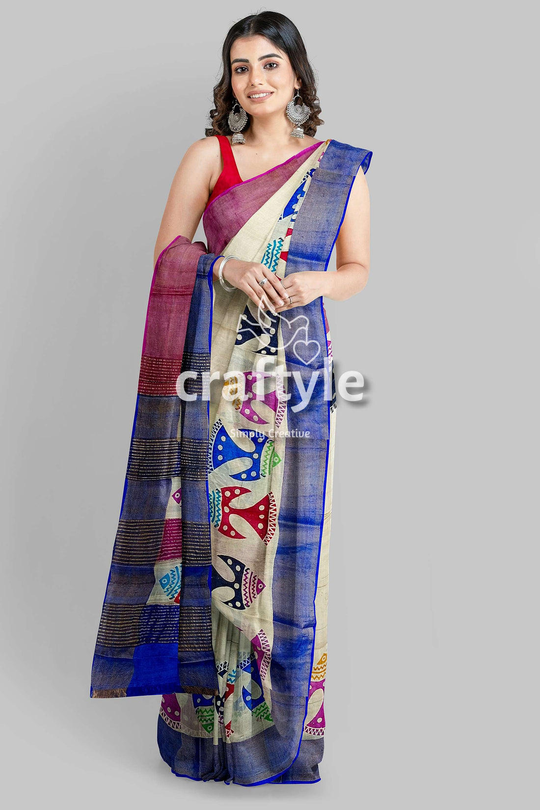 Multicolor Fish Motif Hand Block Print Zari Border Pure Tussar Silk Saree - Craftyle