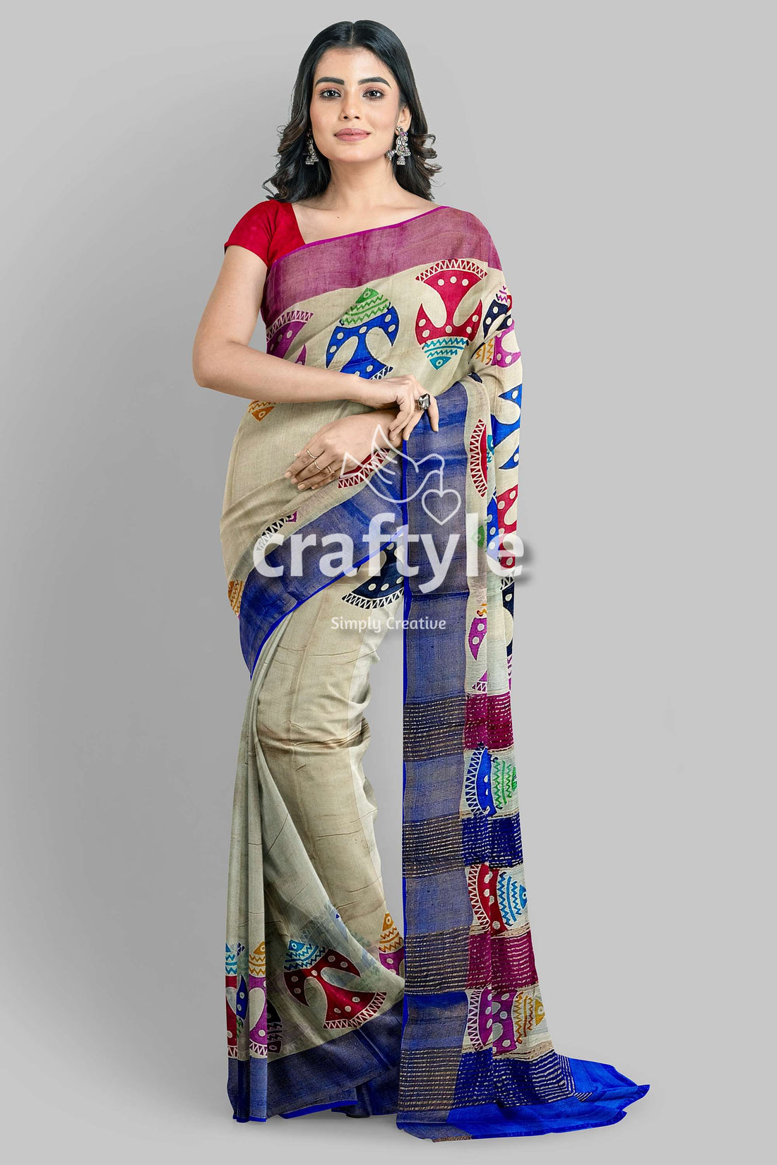 Multicolor Fish Motif Hand Block Print Zari Border Pure Tussar Silk Saree - Craftyle
