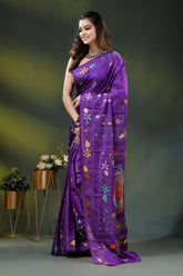 Multicolor fish motif hand embroidered kantha silk saree in purple 3