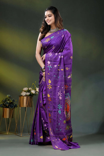 Multicolor fish motif hand embroidered kantha silk saree in purple 3