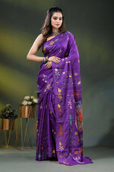 Multicolor fish motif hand embroidered kantha silk saree in purple 1