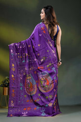 Multicolor fish motif hand embroidered kantha silk saree in purple 4