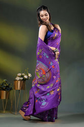 Multicolor fish motif hand embroidered kantha silk saree in purple 5