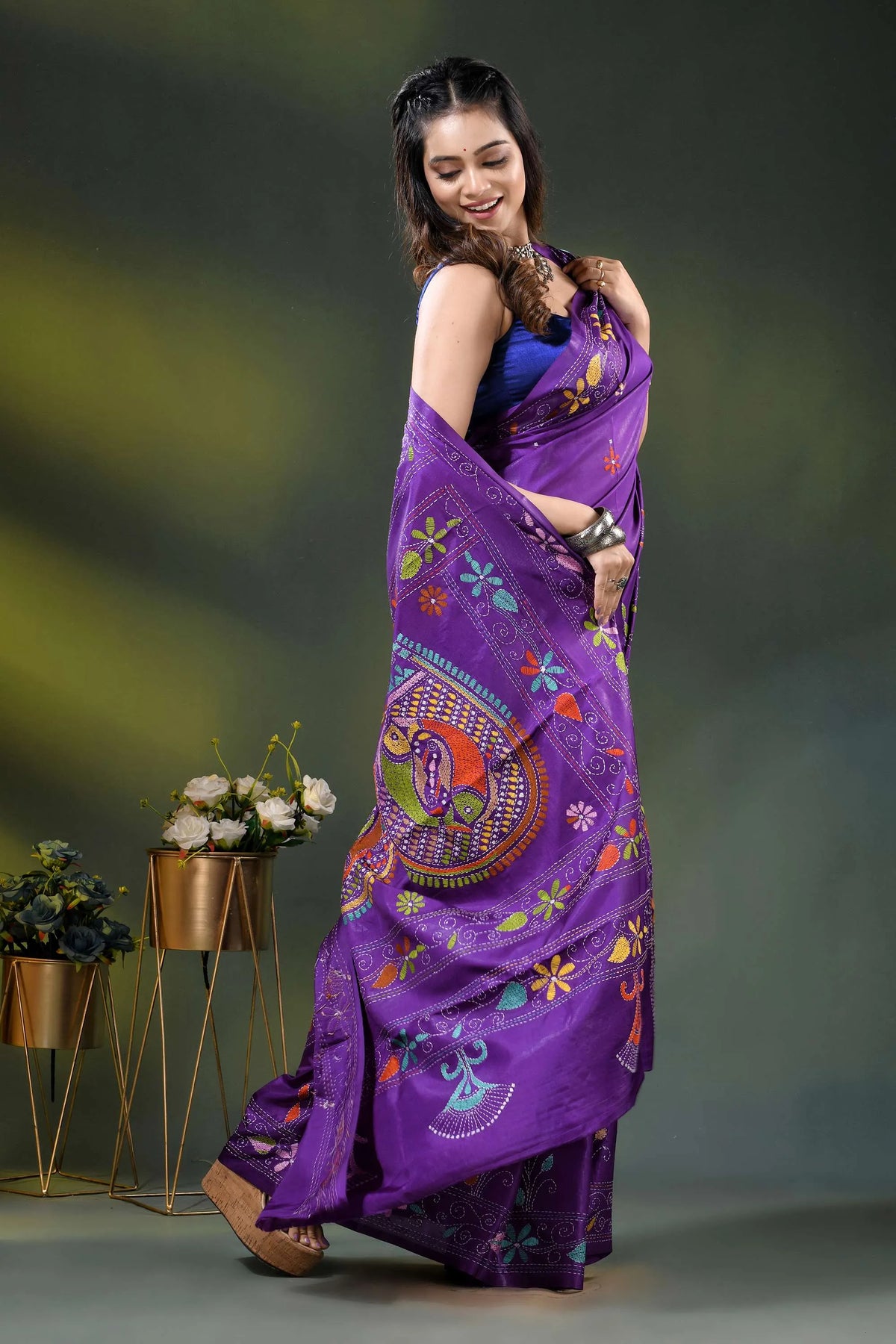 Multicolor fish motif hand embroidered kantha silk saree in purple 5
