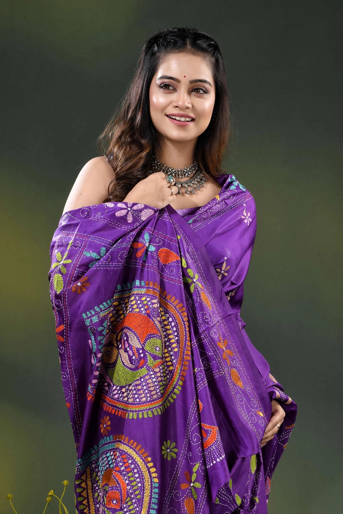 Multicolor fish motif hand embroidered kantha silk saree in purple 2