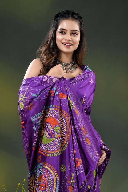 Multicolor fish motif hand embroidered kantha silk saree in purple 2