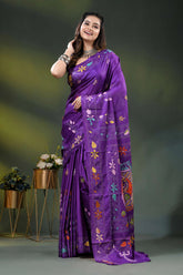 Multicolor fish motif hand embroidered kantha silk saree in purple 6