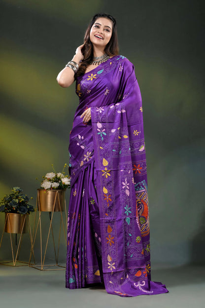 Multicolor fish motif hand embroidered kantha silk saree in purple 6