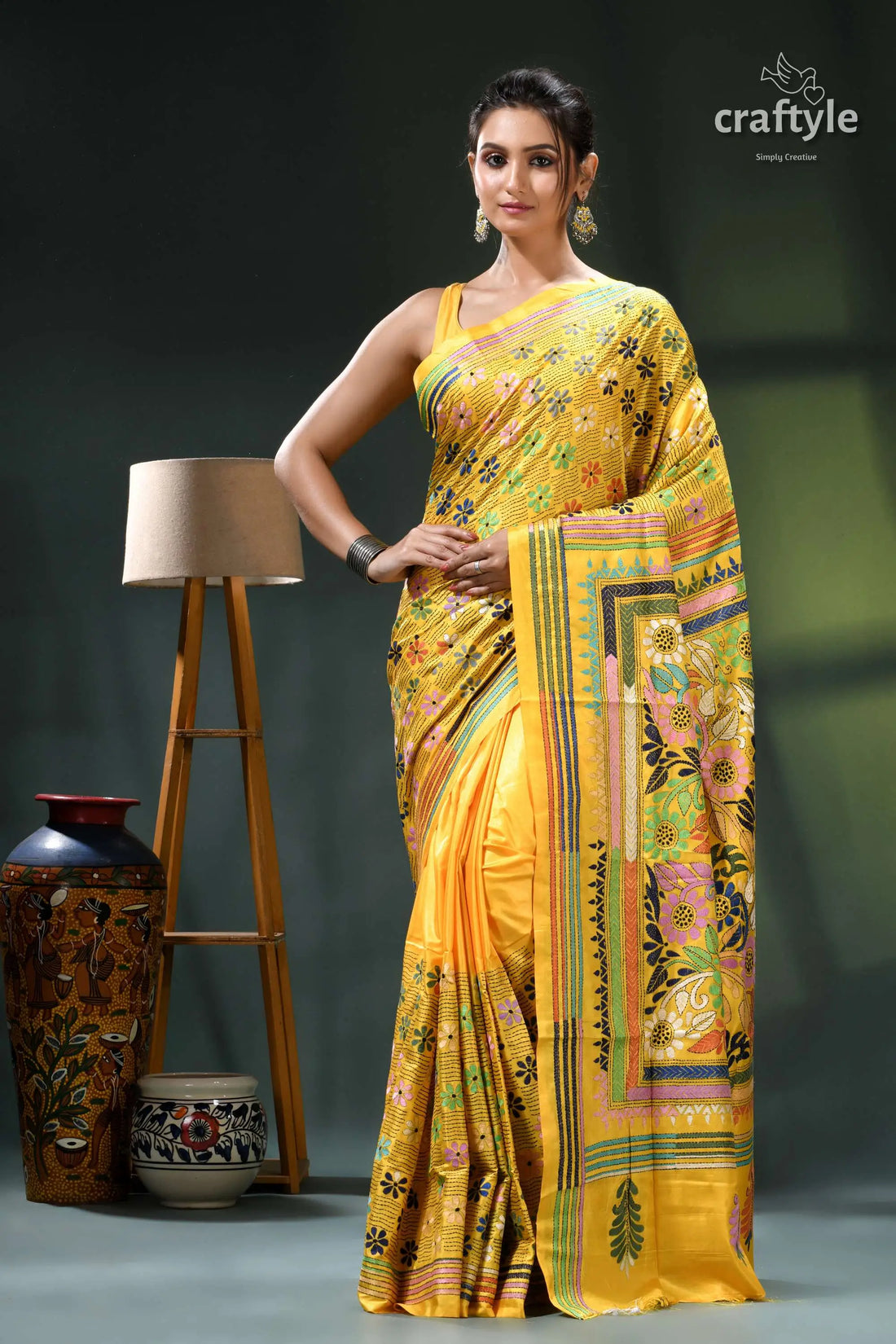 Multicolor floral beautiful kantha stitch silk saree in corn yellow yellow saree floral geometric patterns 1