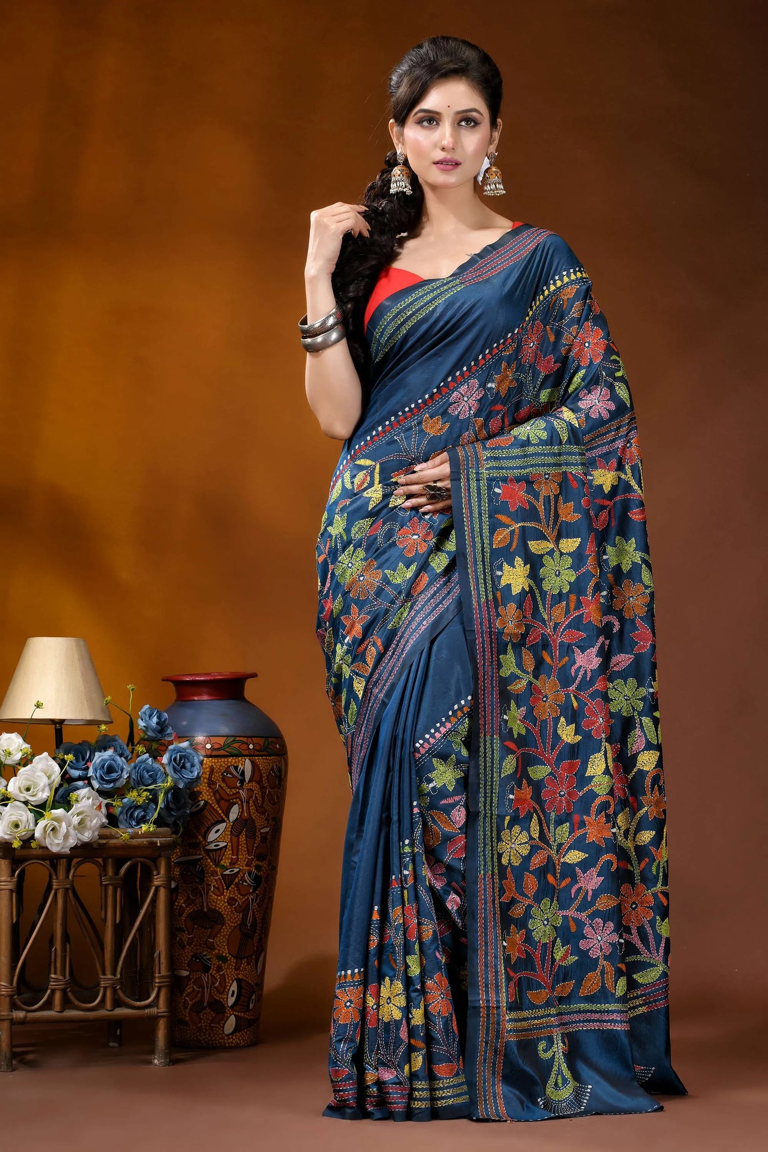 Multicolor floral design hand embroidered silk kantha stitch saree in nile blue navy blue saree intricate floral 6