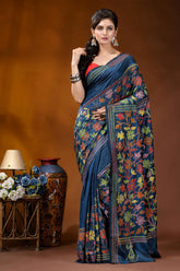 Multicolor floral design hand embroidered silk kantha stitch saree in nile blue navy blue saree intricate floral 6