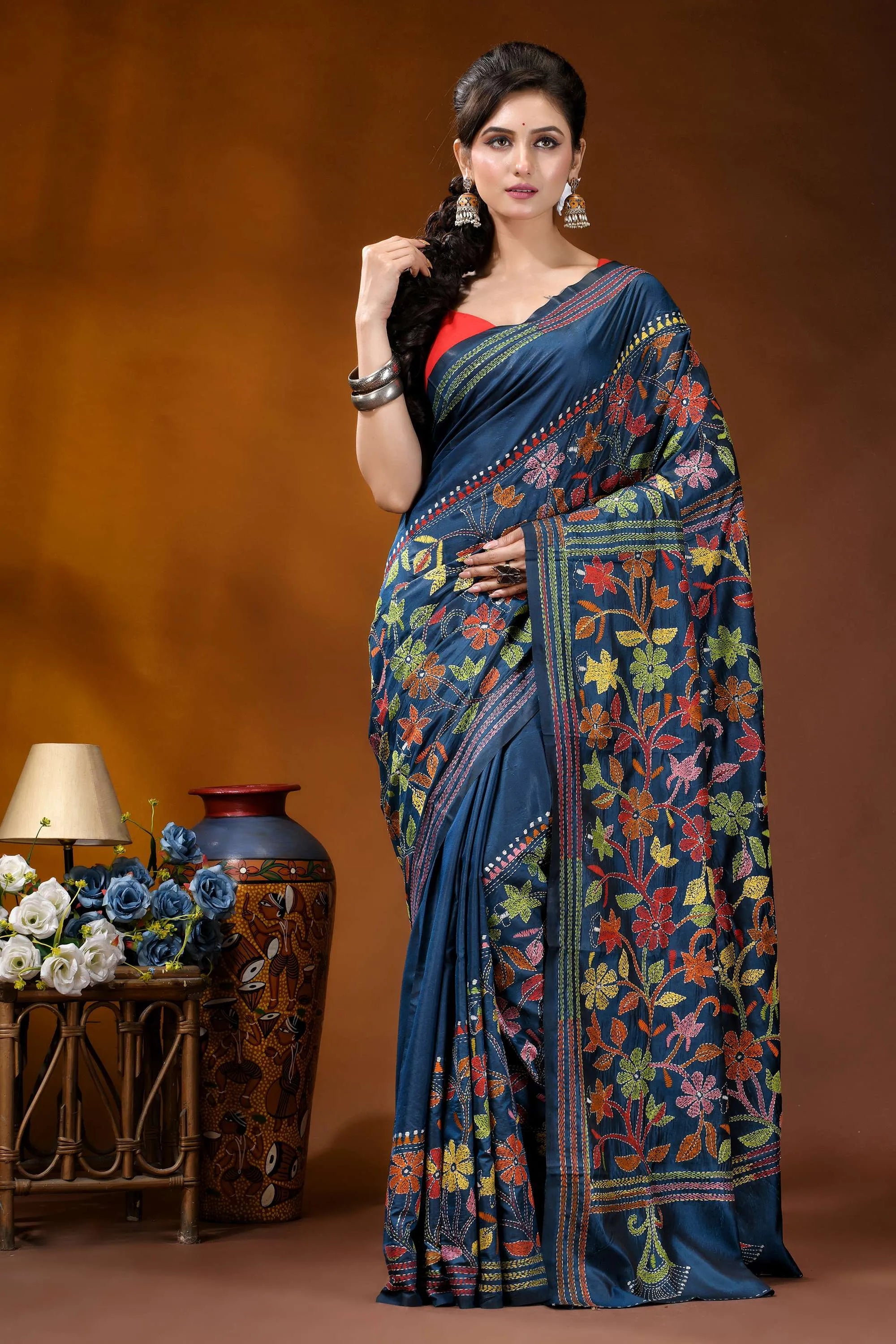 Multicolor floral design hand embroidered silk kantha stitch saree in nile blue navy blue saree intricate floral 6