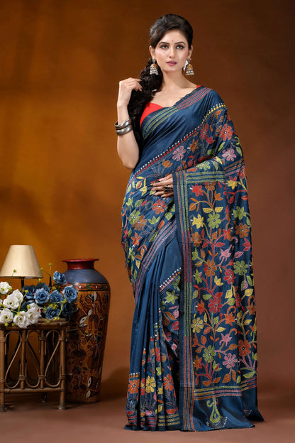 Multicolor floral design hand embroidered silk kantha stitch saree in nile blue navy blue saree intricate floral 6