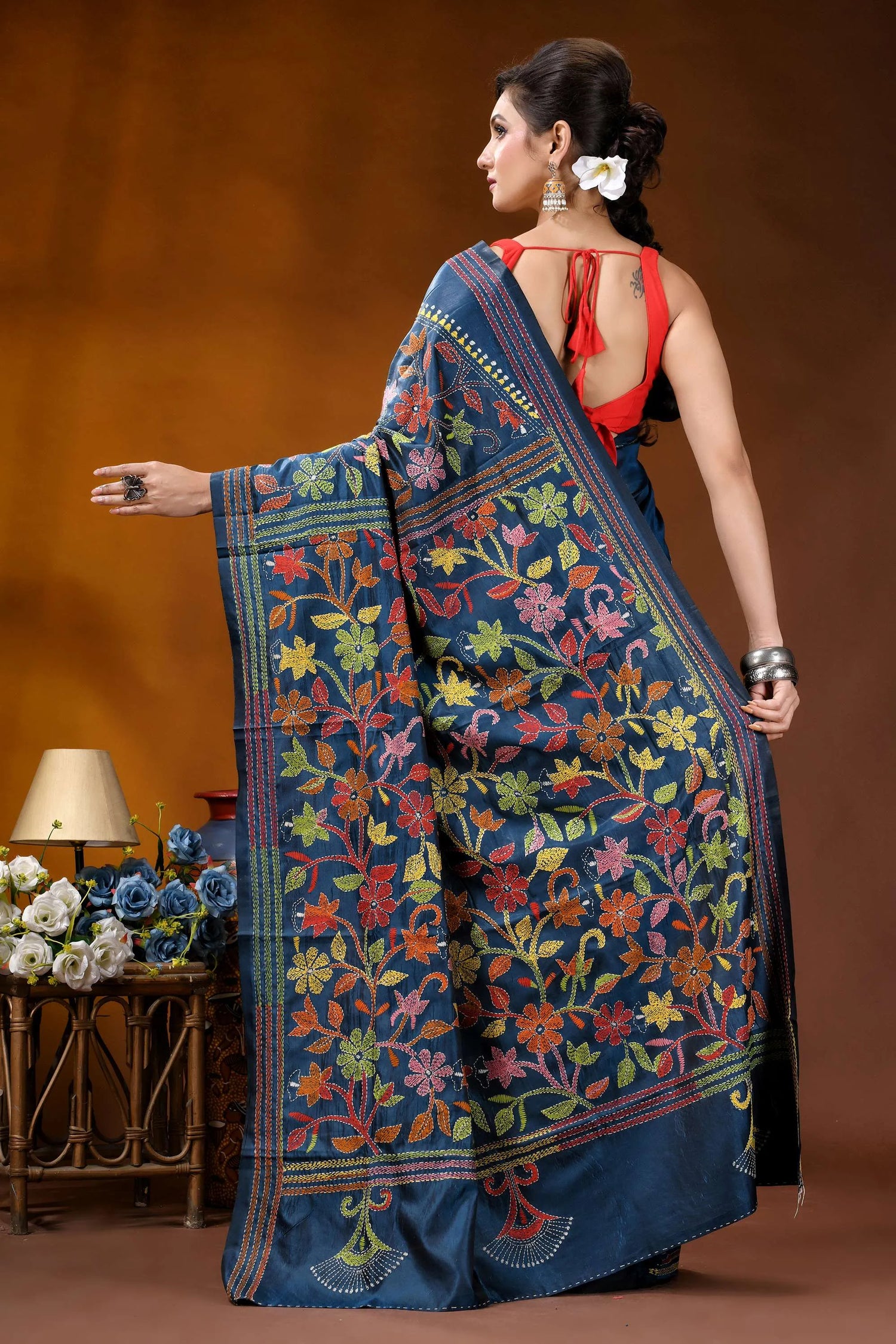 Multicolor floral design hand embroidered silk kantha stitch saree in nile blue navy blue saree intricate colorful 5