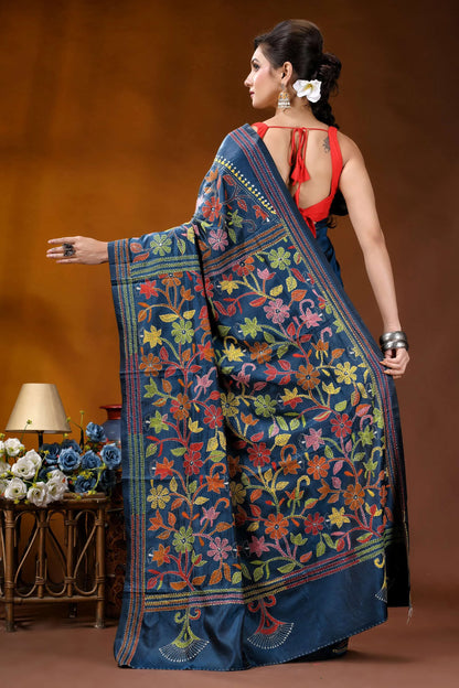 Multicolor floral design hand embroidered silk kantha stitch saree in nile blue navy blue saree intricate colorful 5