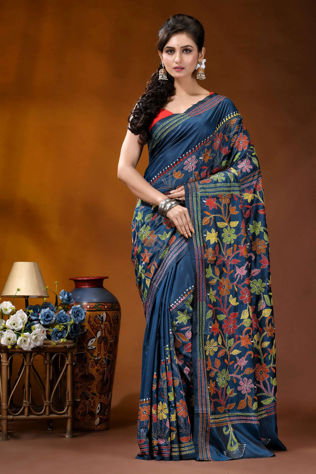 Multicolor floral design hand embroidered silk kantha stitch saree in nile blue navy blue silk saree adorned 1