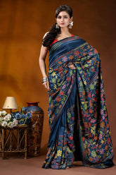 Multicolor floral design hand embroidered silk kantha stitch saree in nile blue navy blue silk saree adorned 4
