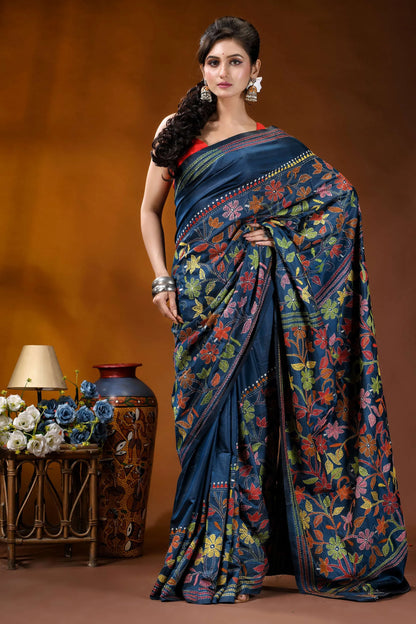 Multicolor floral design hand embroidered silk kantha stitch saree in nile blue navy blue silk saree adorned 4