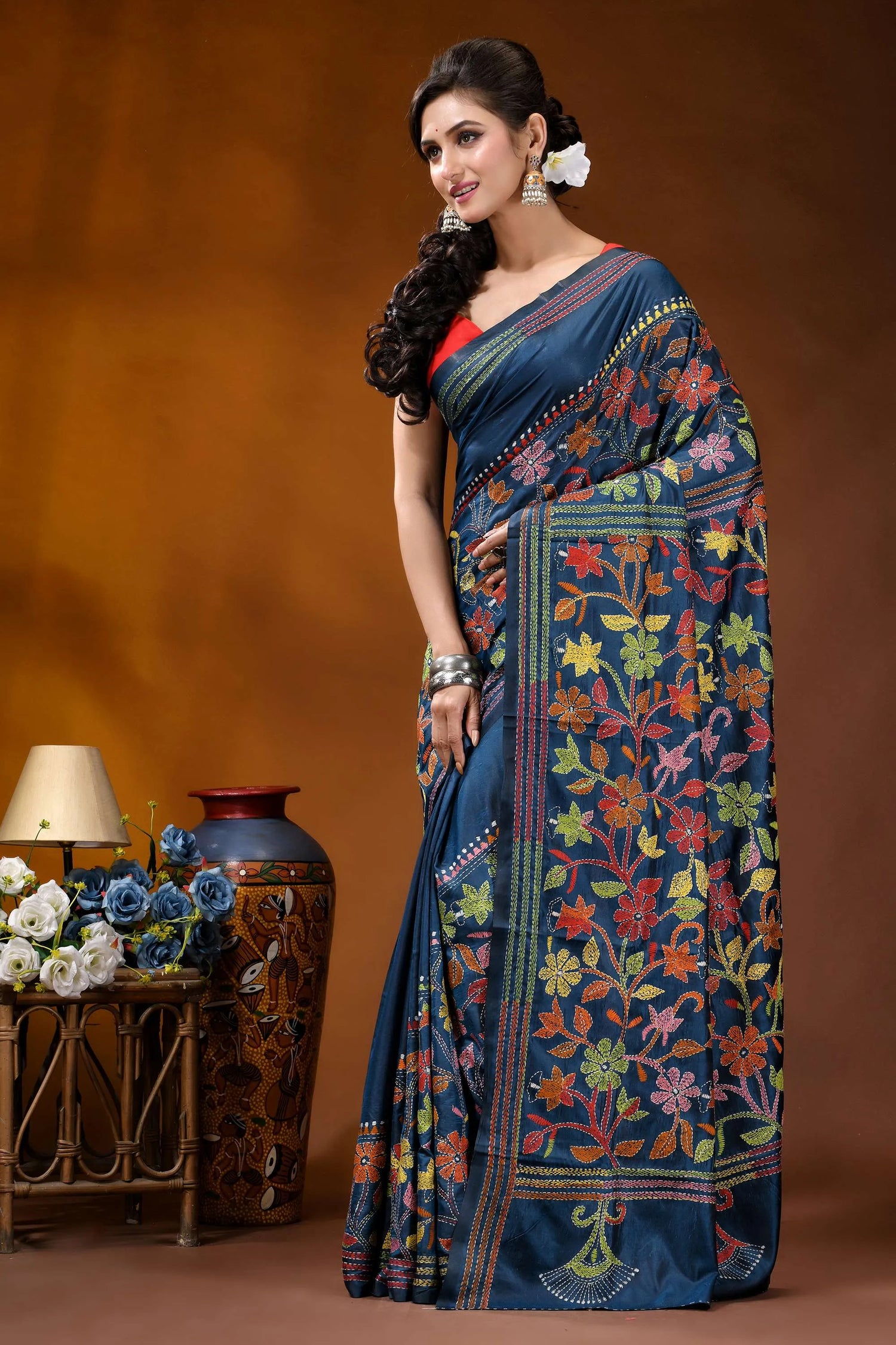 Multicolor floral design hand embroidered silk kantha stitch saree in nile blue navy blue saree adorned intricate 3