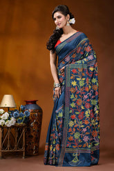 Multicolor floral design hand embroidered silk kantha stitch saree in nile blue navy blue saree adorned intricate 3