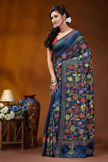Multicolor floral design hand embroidered silk kantha stitch saree in nile blue navy blue saree adorned intricate 3