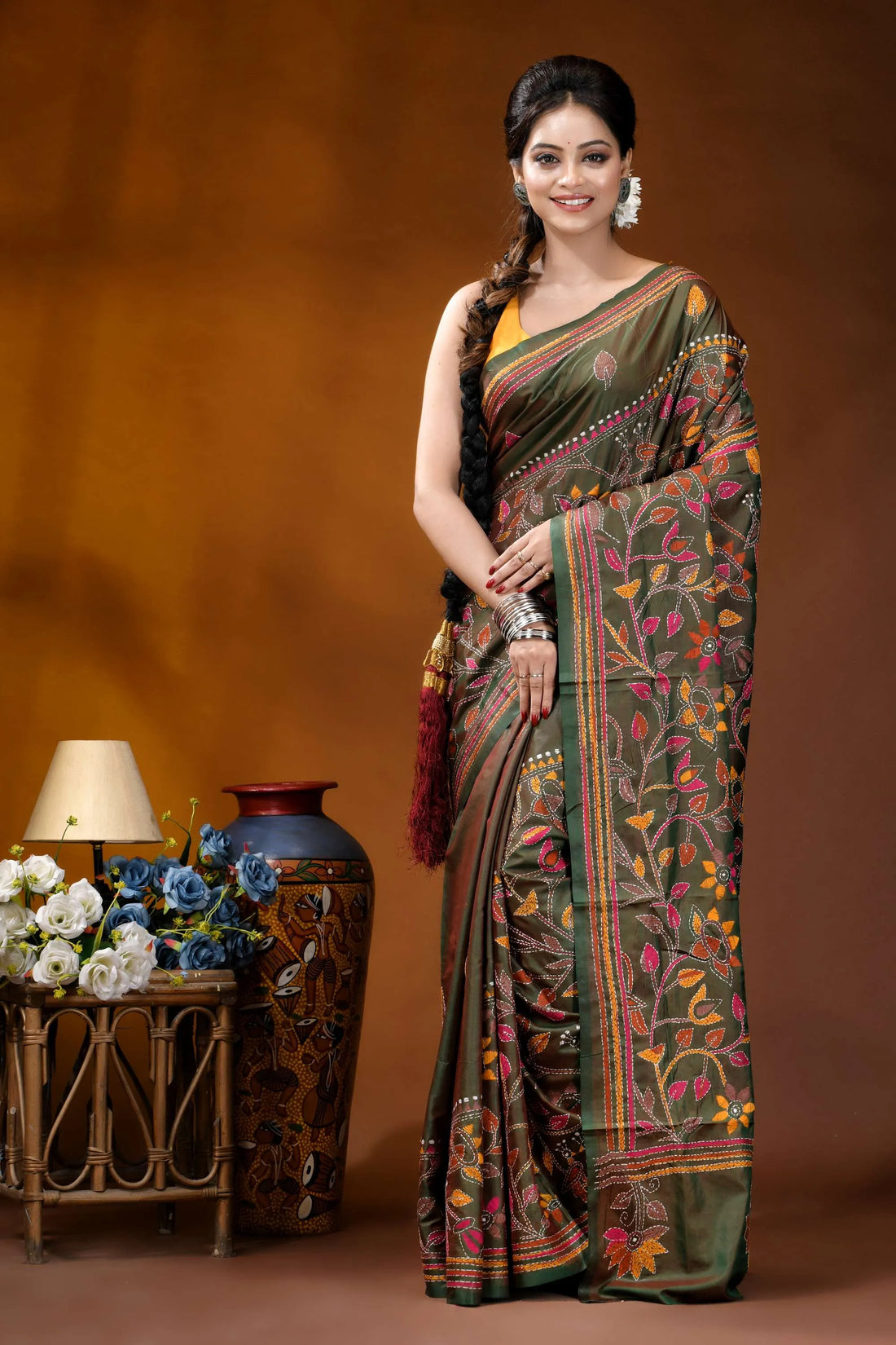 Multicolor floral design handmade jungle green silk kantha saree woman wears olive green silk 1