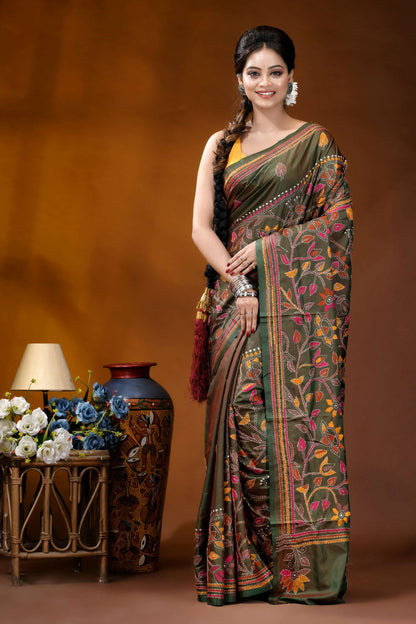 Multicolor floral design handmade jungle green silk kantha saree woman wears olive green silk 1