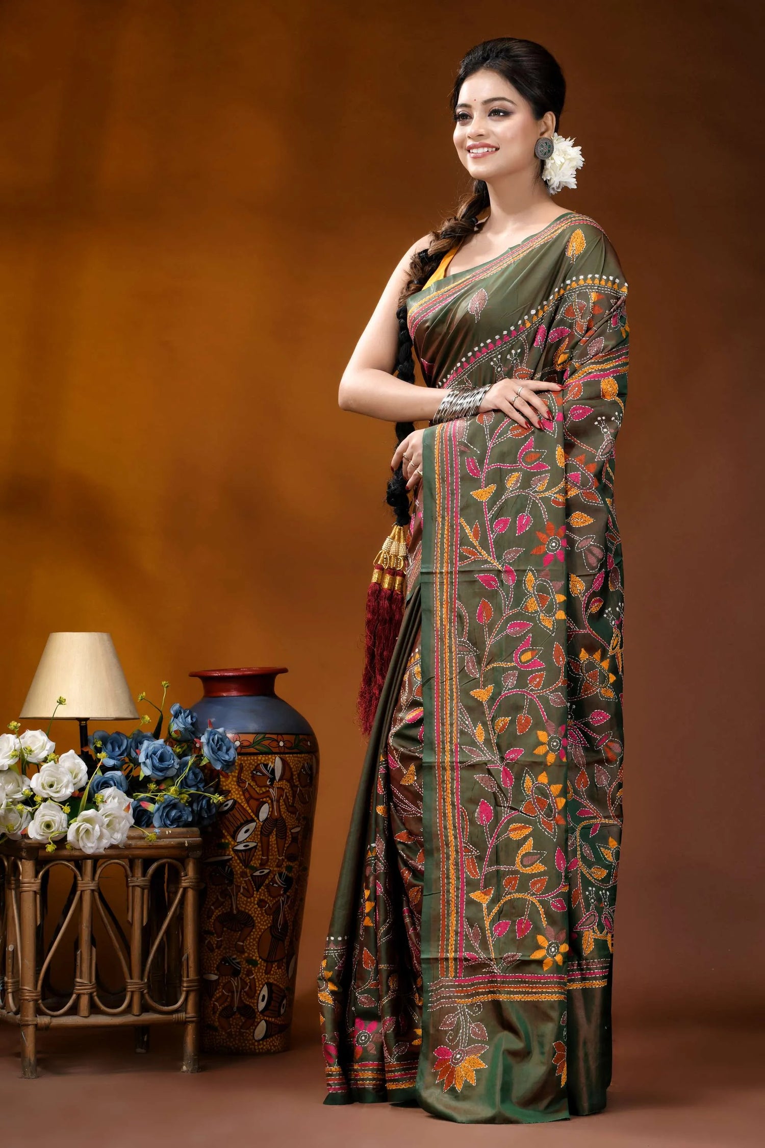 Multicolor floral design handmade jungle green silk kantha saree woman wears olive green silk 3
