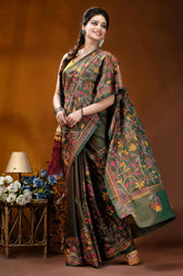 Multicolor floral design handmade jungle green silk kantha saree woman wears dark green silk 5