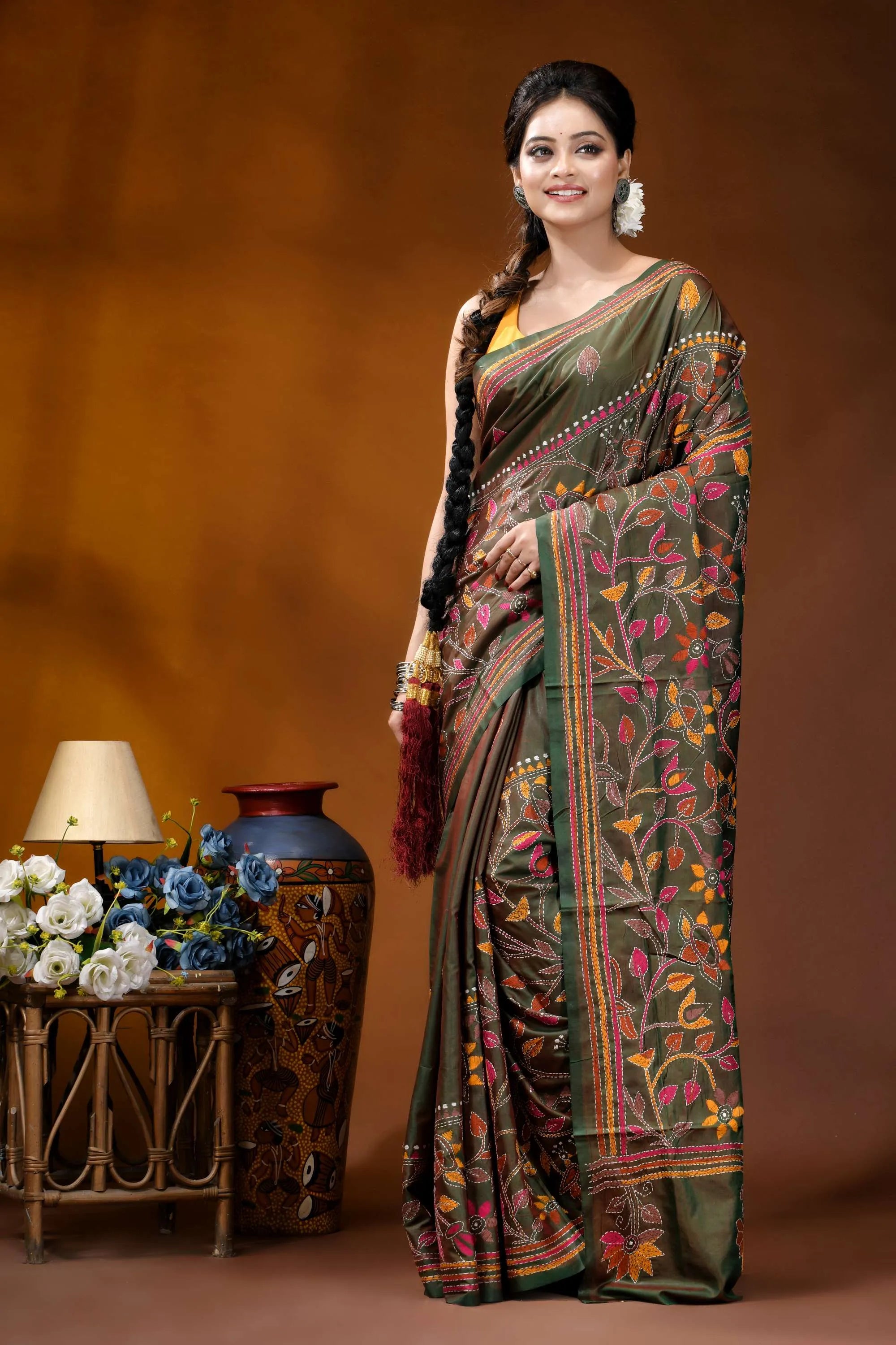 Multicolor floral design handmade jungle green silk kantha saree olive green silk saree intricate 6