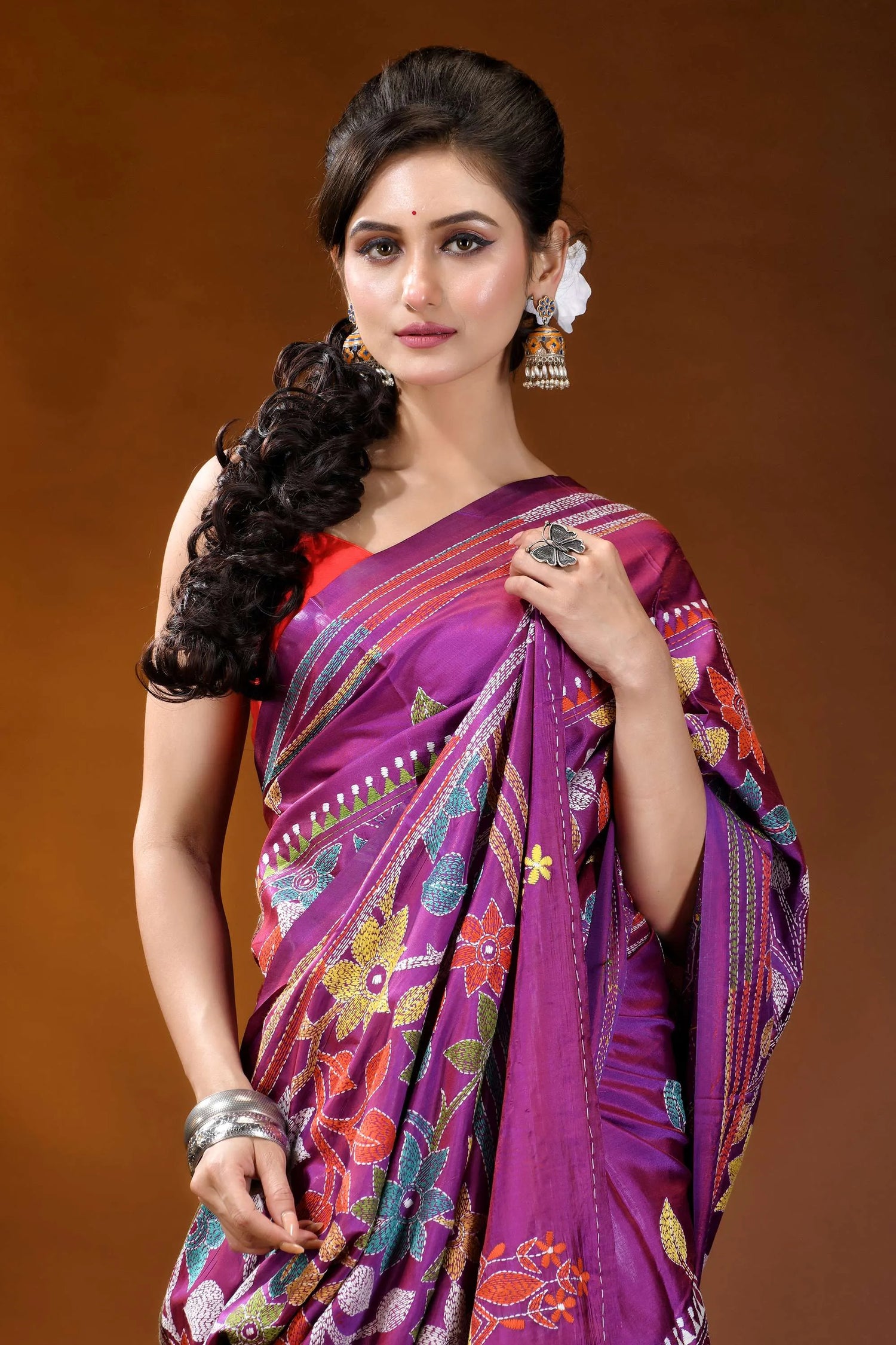 Multicolor floral design handmade purple silk kantha stitch saree vibrant purple saree intricate floral 2