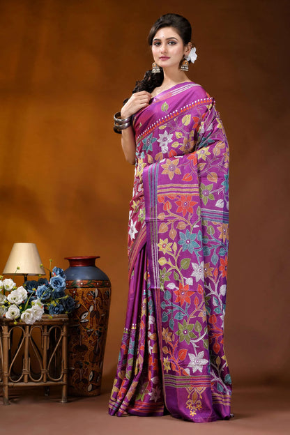 Multicolor floral design handmade purple silk kantha stitch saree vibrant purple saree adorned intricate 4