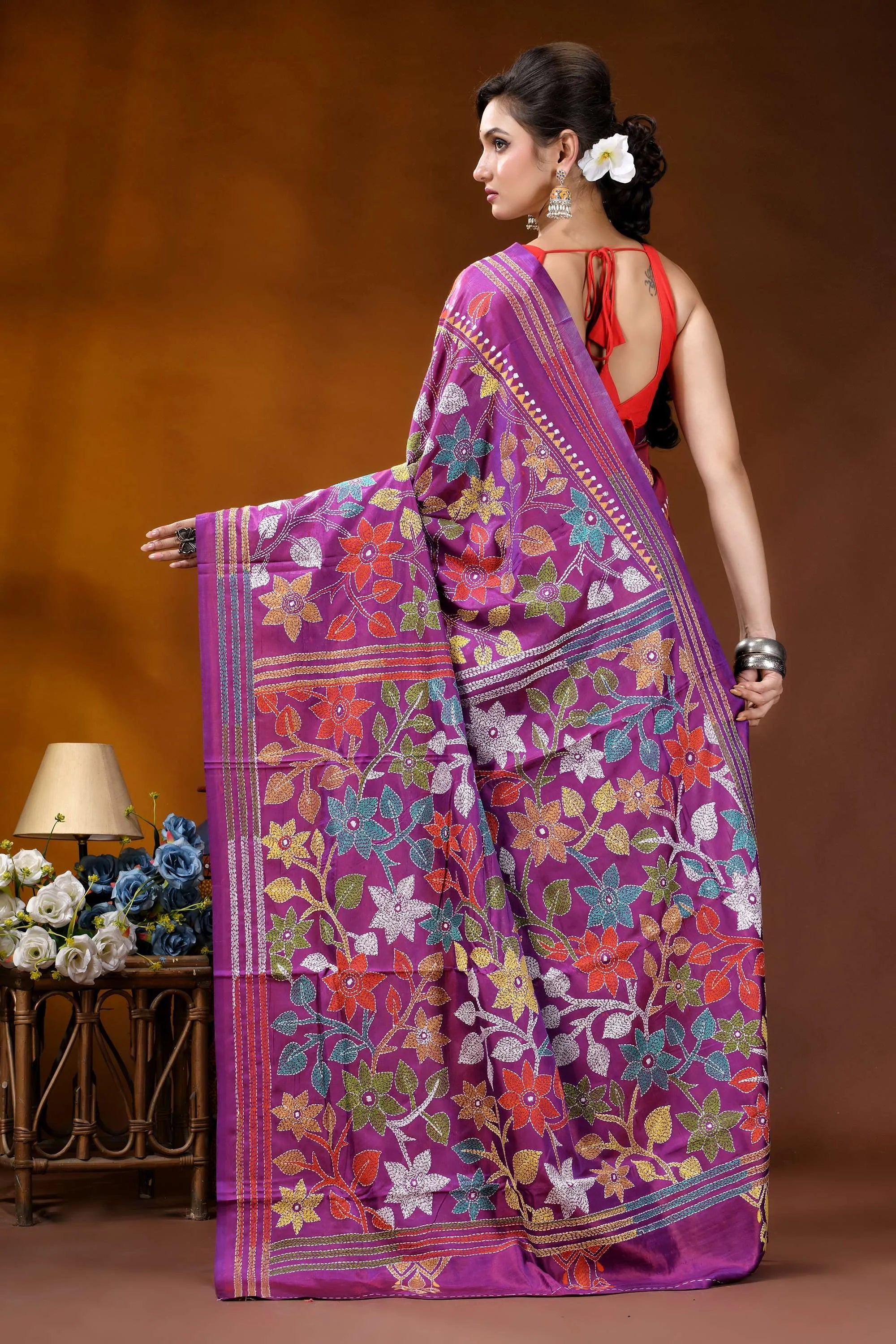 Multicolor floral design handmade purple silk kantha stitch saree vibrant purple saree adorned intricate 6