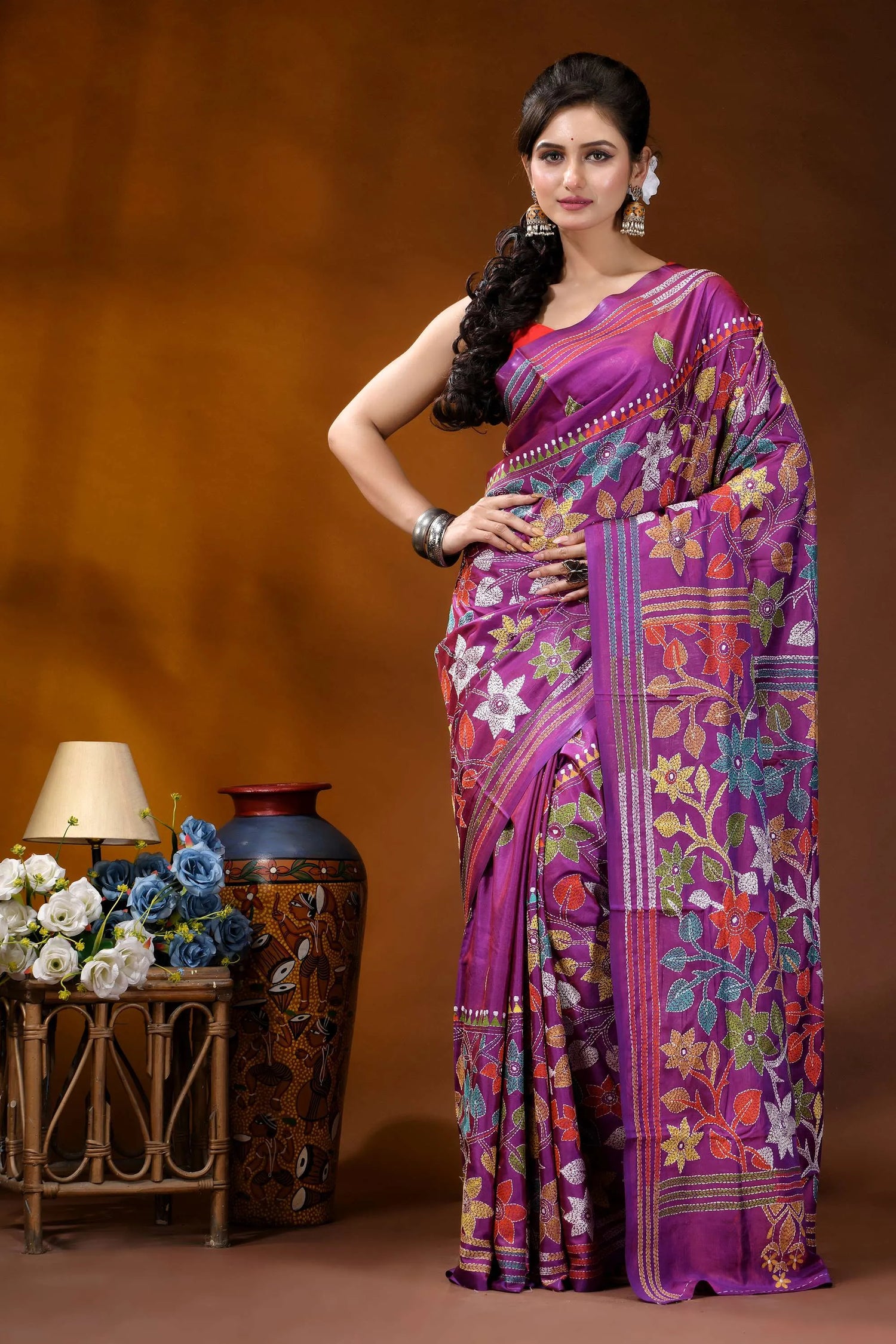Multicolor floral design handmade purple silk kantha stitch saree vibrant purple saree intricate floral 1