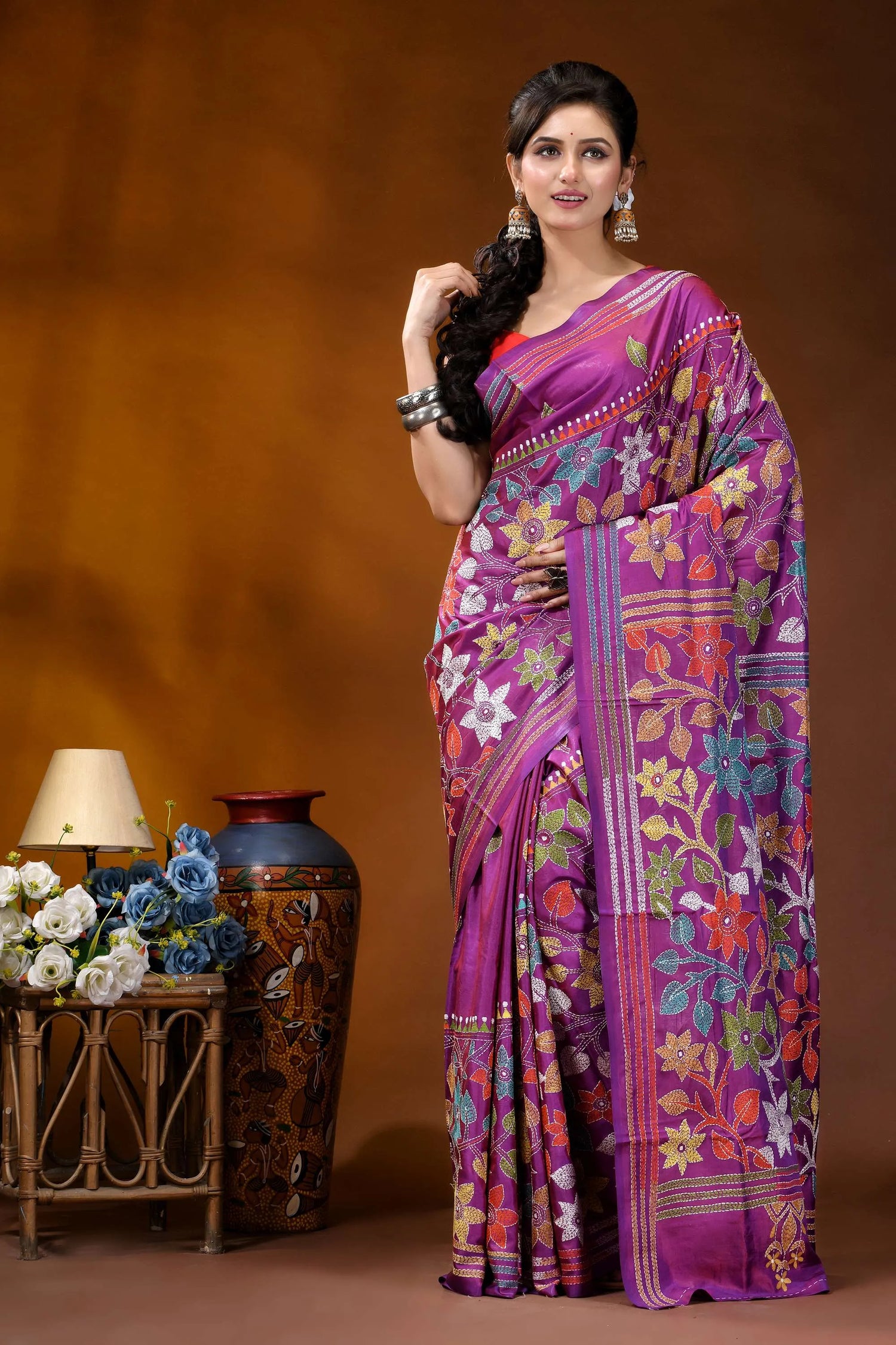 Multicolor floral design handmade purple silk kantha stitch saree vibrant purple saree adorned intricate 7